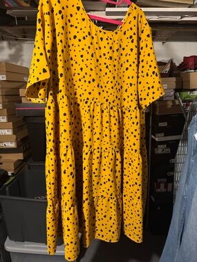 Terra & Sky Yellow Midi Dress with Black Spot Print
